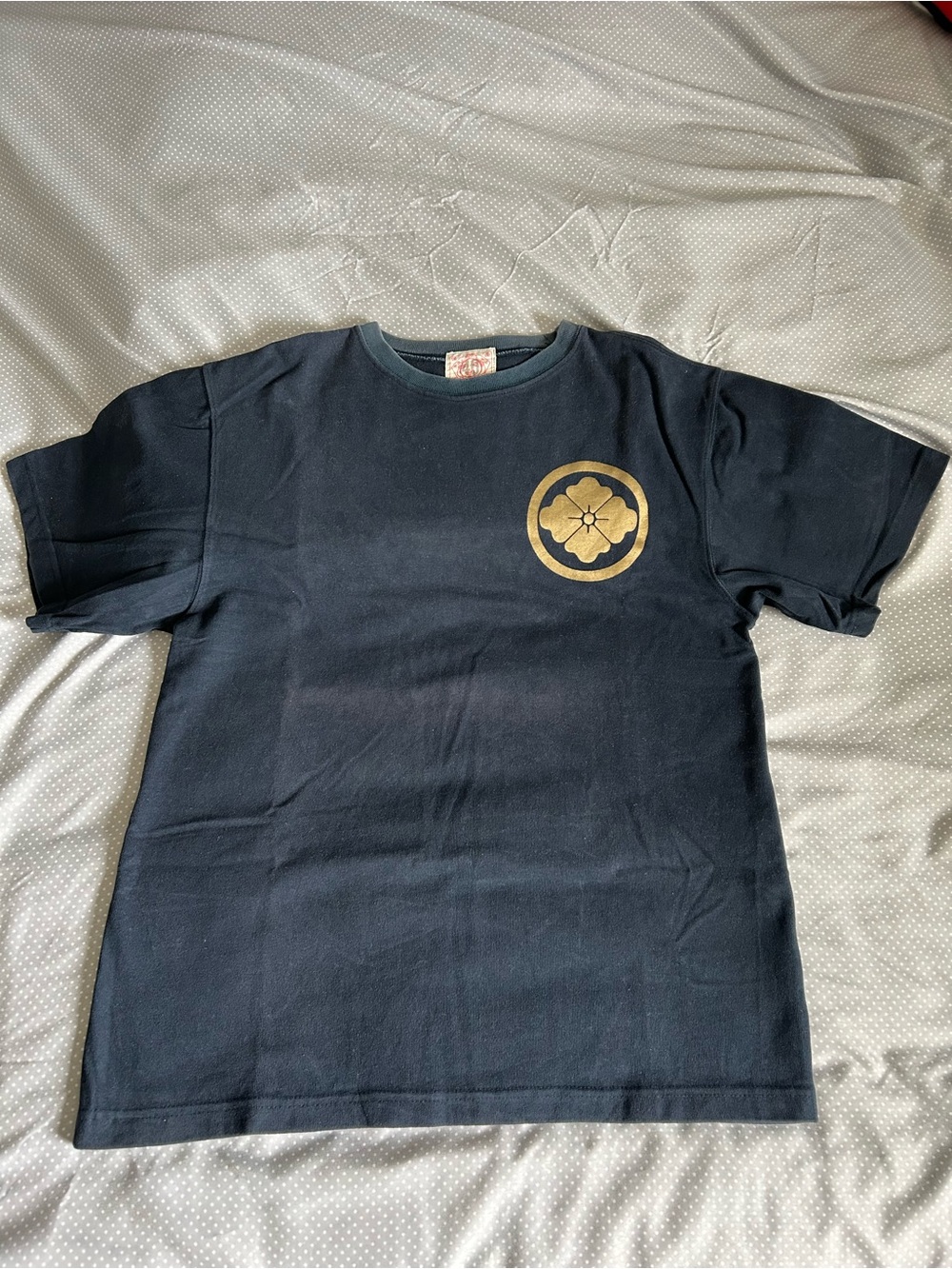 Rare vintage Evisu Navy T-Shirt with Gold Crest and Back Print